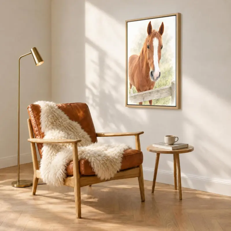 Paard in pastel op canvas in een houten baklijst, boven een fauteuil