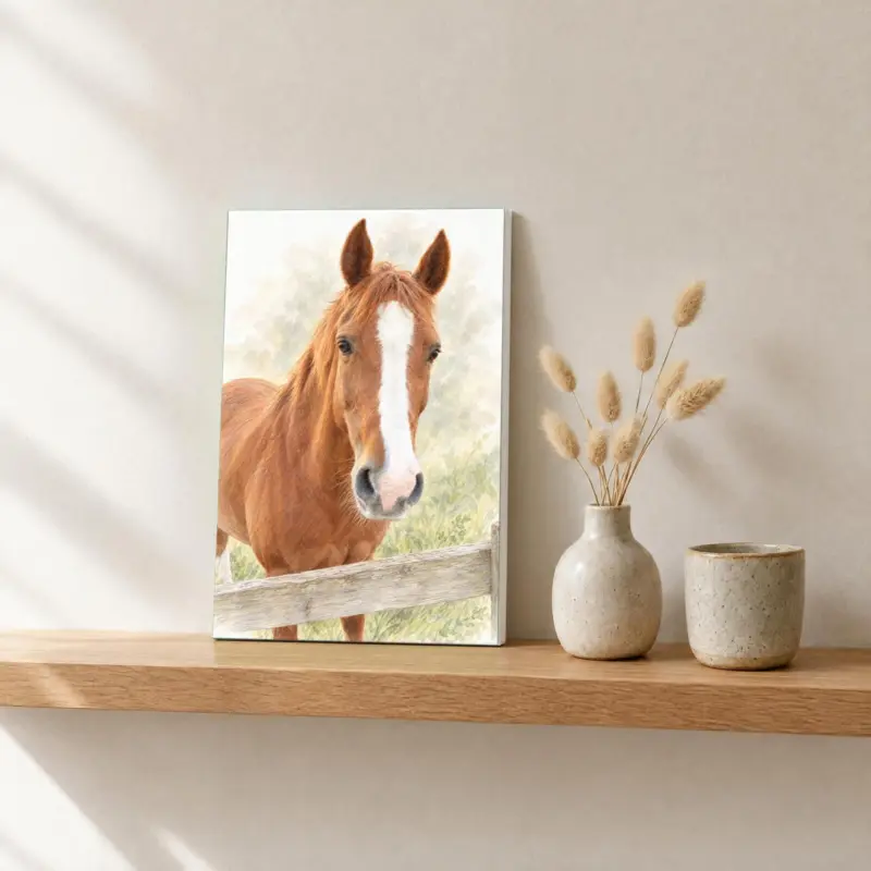 Paard in pastel op canvas, op een fotorichel