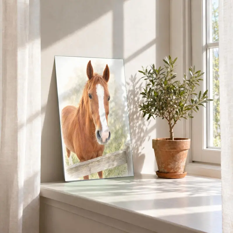 Paard in pastel als losse print, in de vensterbank