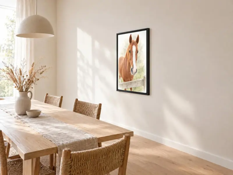 Paard in pastel op canvas in een zwarte baklijst, bij de eettafel