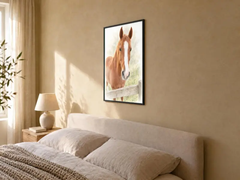 Paard in pastel in een zwarte lijst, in de slaapkamer