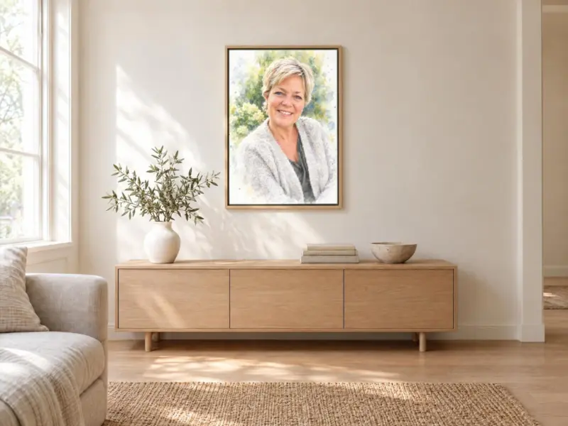 Persoonsportret in aquarel op canvas in een houten baklijst, boven een dressoir
