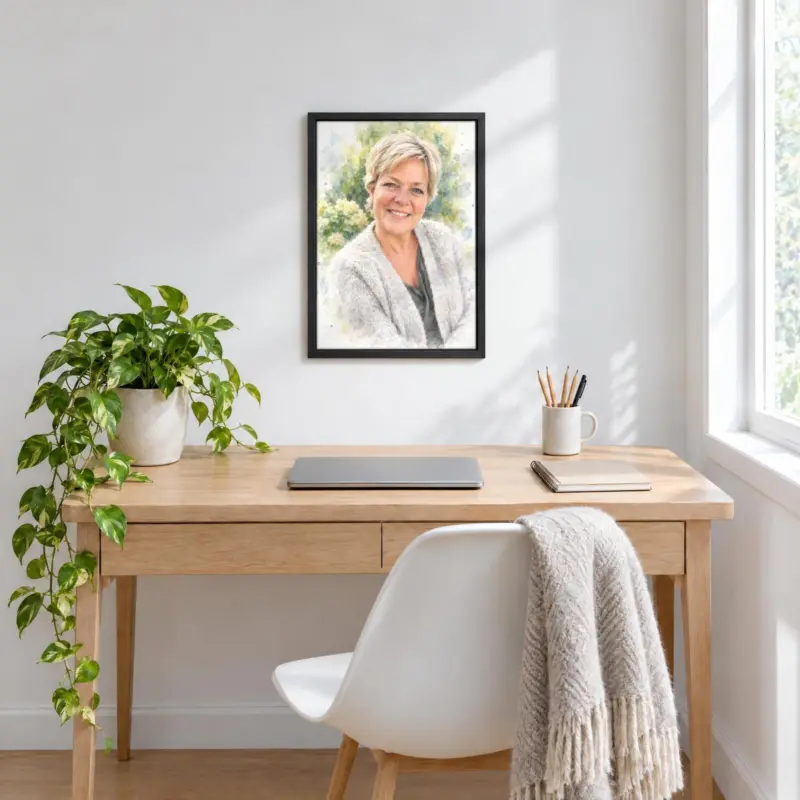 Persoonsportret in aquarel op canvas in een zwarte baklijst, boven een bureau
