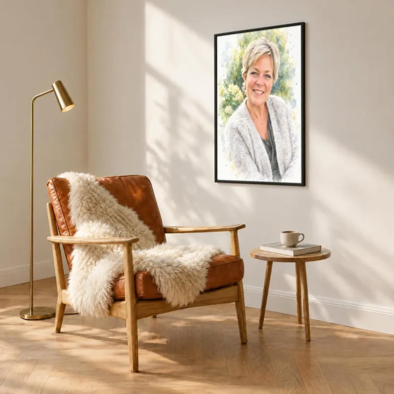 Persoonsportret in aquarel in een zwarte lijst, boven een fauteuil