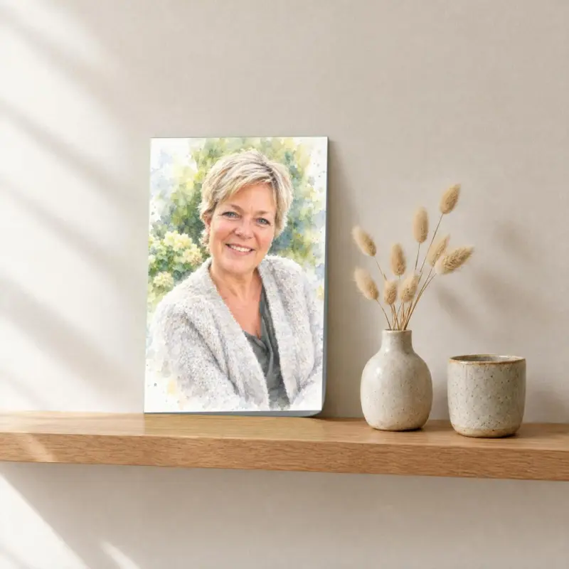 Persoonsportret in aquarel als losse print, op een fotorichel