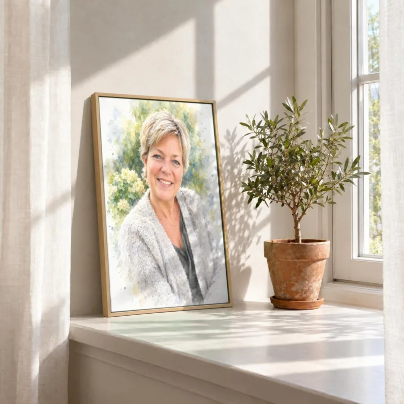 Persoonsportret in aquarel op canvas in een houten baklijst, in de vensterbank