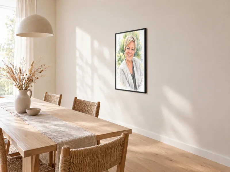 Persoonsportret in aquarel in een zwarte lijst, bij de eettafel