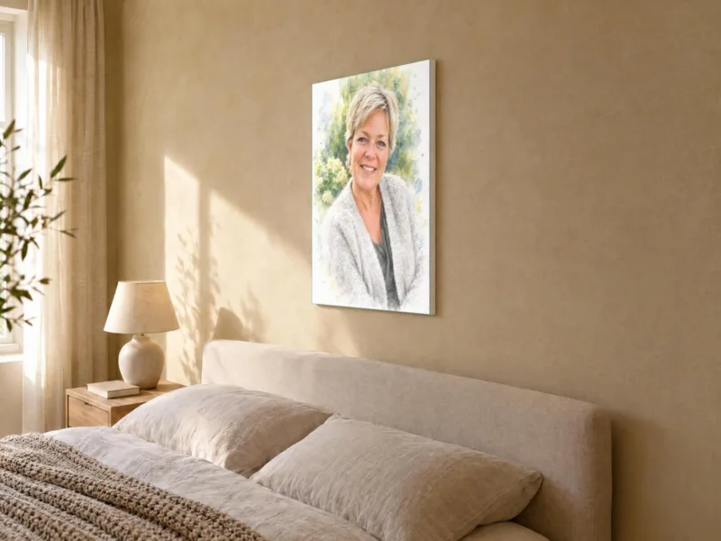 Persoonsportret in aquarel op canvas, in de slaapkamer