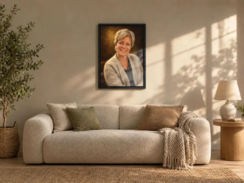 Persoonsportret klassiek geschilderd op canvas in een zwarte baklijst, boven de bank