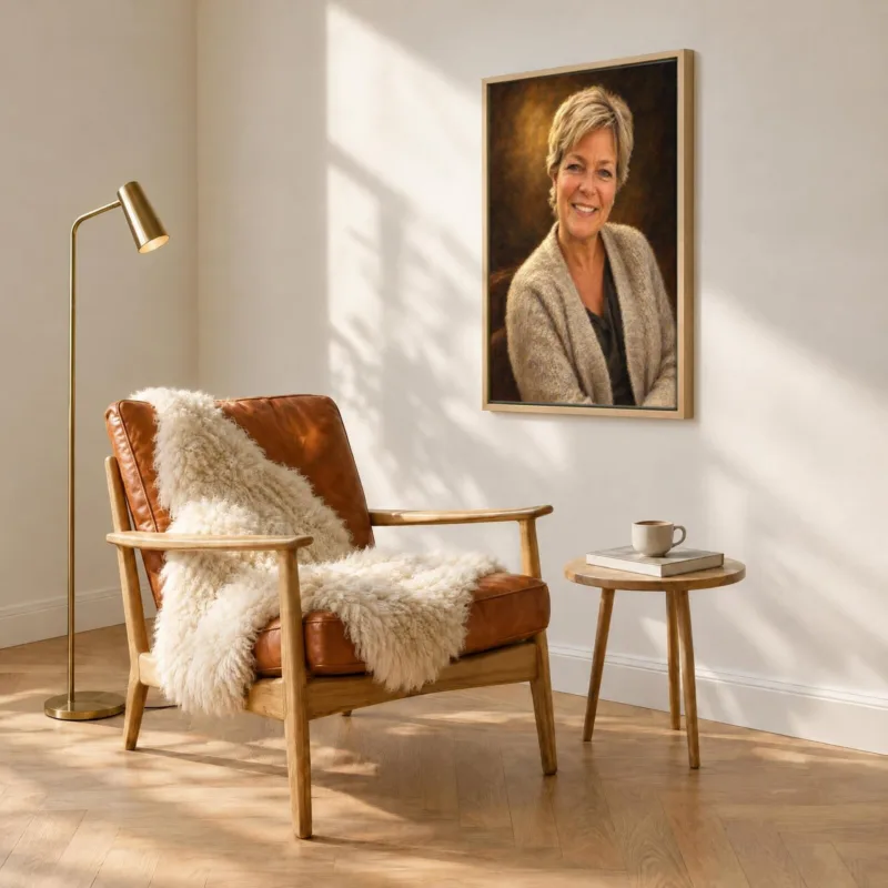Persoonsportret klassiek geschilderd op canvas in een houten baklijst, boven een fauteuil