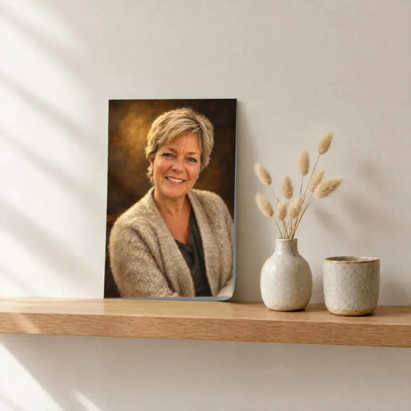 Persoonsportret klassiek geschilderd als losse print, op een fotorichel