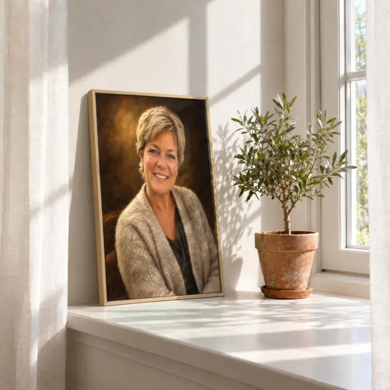 Persoonsportret klassiek geschilderd op canvas in een houten baklijst, in de vensterbank