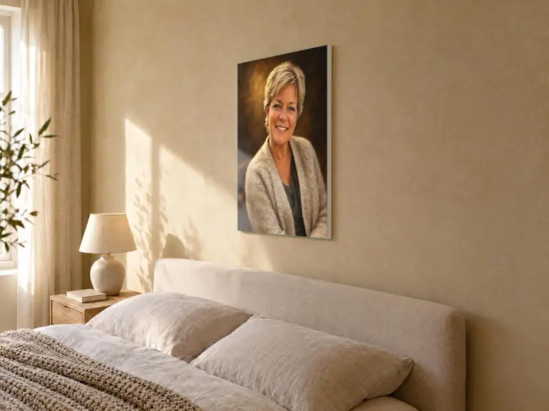 Persoonsportret klassiek geschilderd op canvas, in de slaapkamer