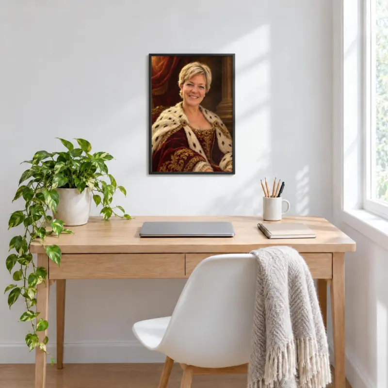 Persoonsportret koninklijk geschilderd in een zwarte lijst, boven een bureau