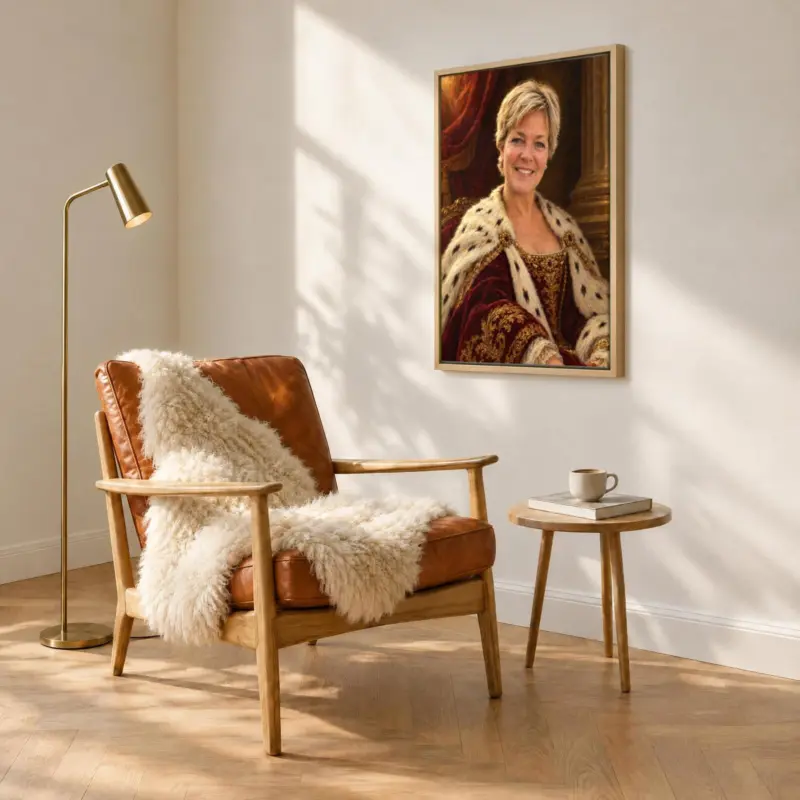 Persoonsportret koninklijk geschilderd op canvas in een houten baklijst, boven een fauteuil