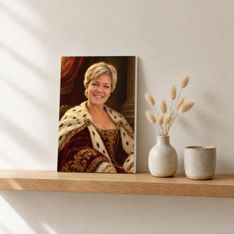 Persoonsportret koninklijk geschilderd op canvas, op een fotorichel