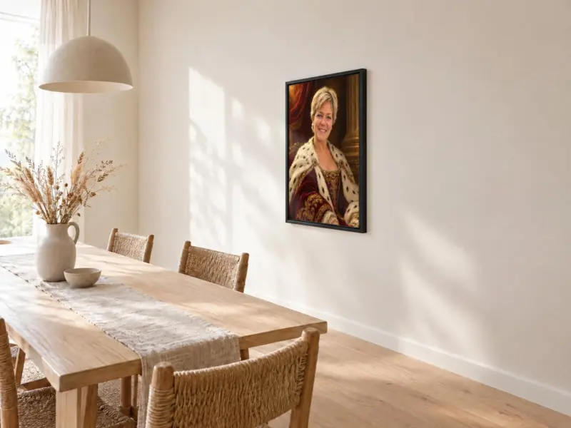 Persoonsportret koninklijk geschilderd op canvas in een zwarte baklijst, bij de eettafel