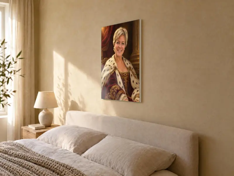 Persoonsportret koninklijk geschilderd op canvas, in de slaapkamer