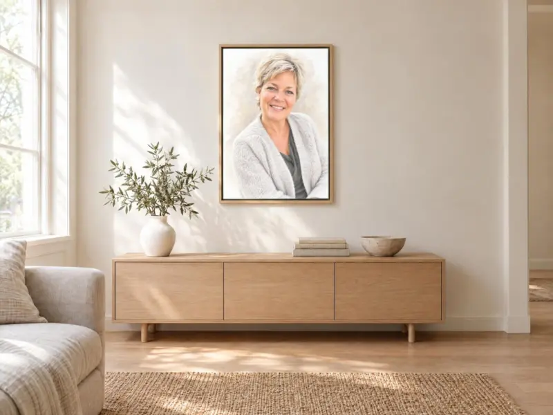 Persoonsportret in pastel op canvas in een houten baklijst, boven een dressoir