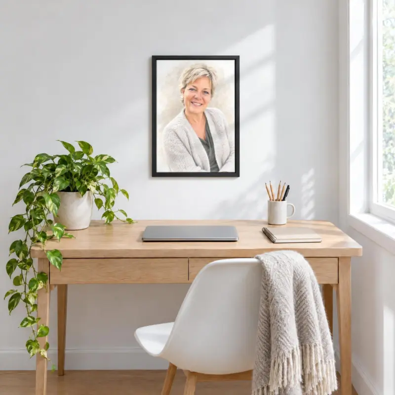 Persoonsportret in pastel op canvas in een zwarte baklijst, boven een bureau