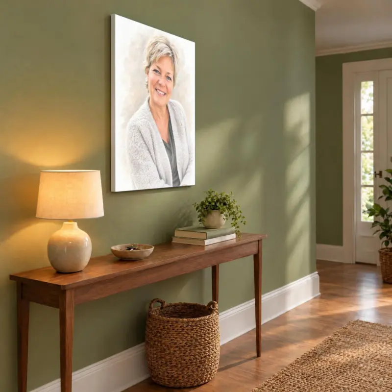 Persoonsportret in pastel op canvas, in de hal