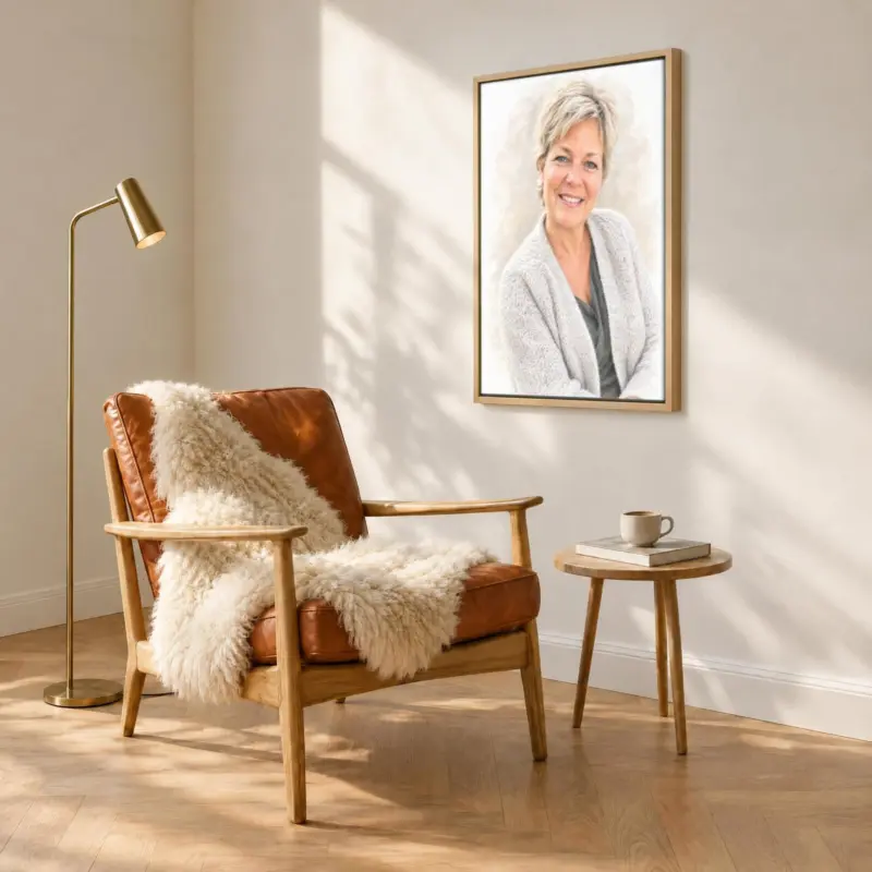 Persoonsportret in pastel op canvas in een houten baklijst, boven een fauteuil