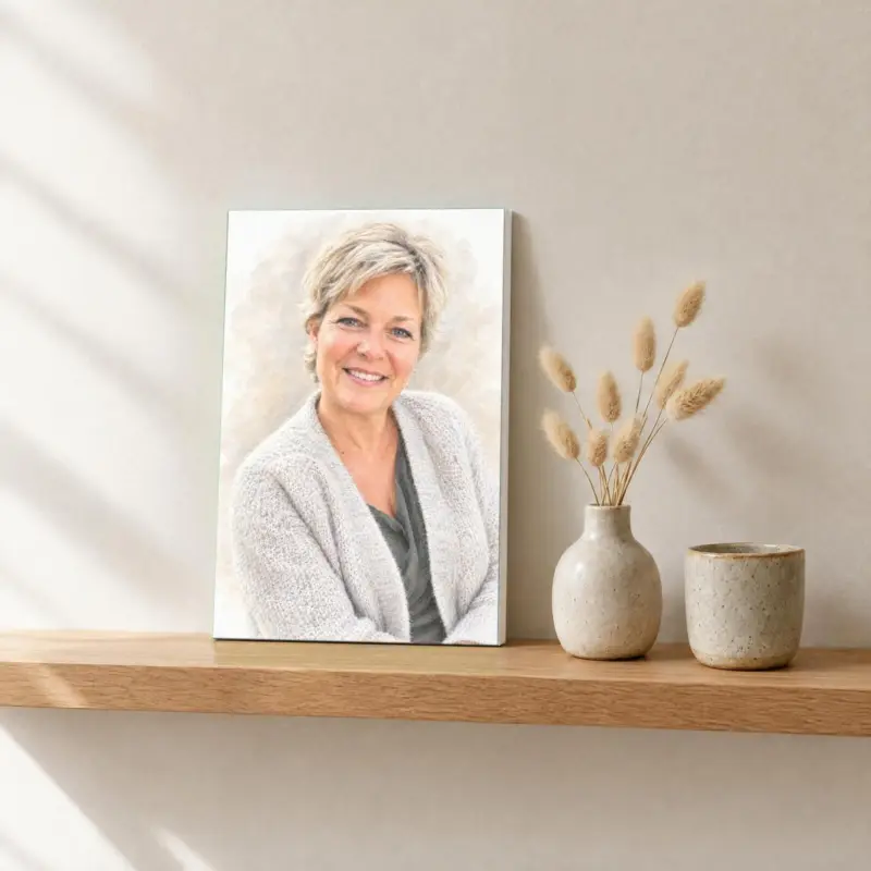 Persoonsportret in pastel op canvas, op een fotorichel