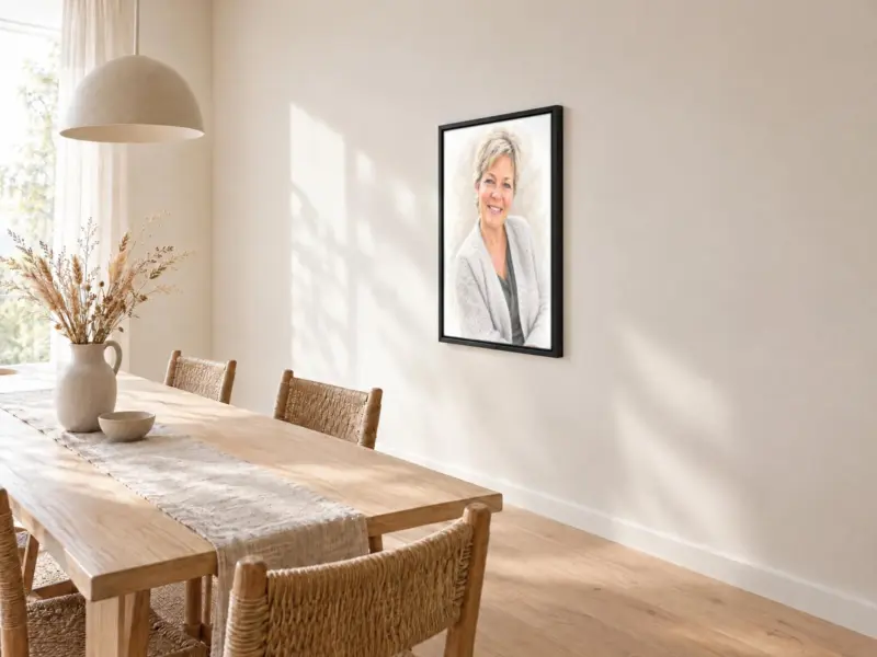Persoonsportret in pastel op canvas in een zwarte baklijst, bij de eettafel