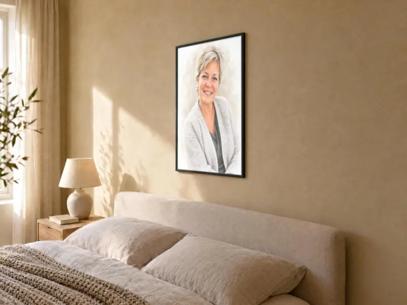 Persoonsportret in pastel in een zwarte lijst, in de slaapkamer