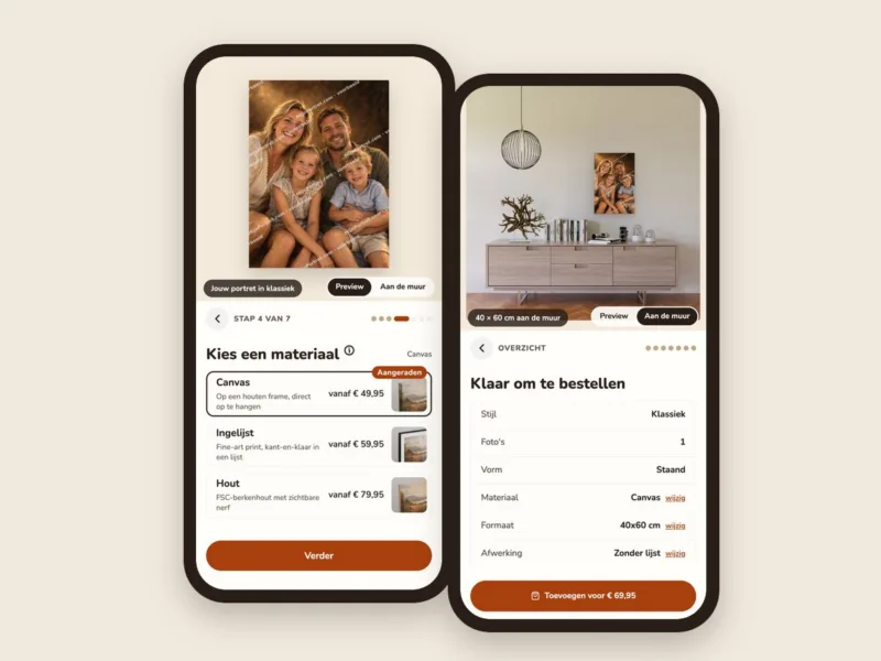 Twee telefoons: het geschilderde portret bij de keuze van het materiaal en het overzicht met het portret aan de muur