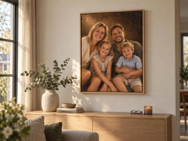 Familieportret in klassieke stijl op canvas in een eiken baklijst boven een dressoir