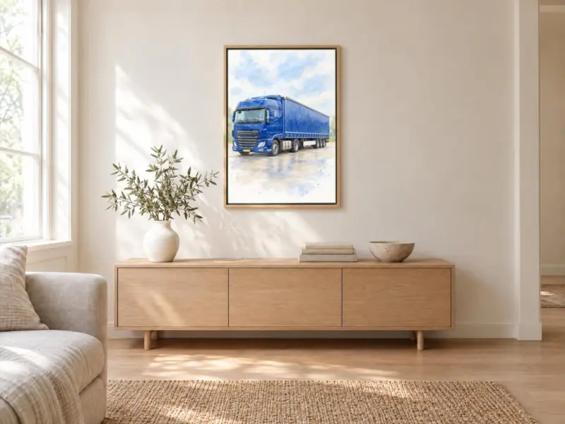 Vrachtwagenportret in aquarel op canvas in een houten baklijst, boven een dressoir