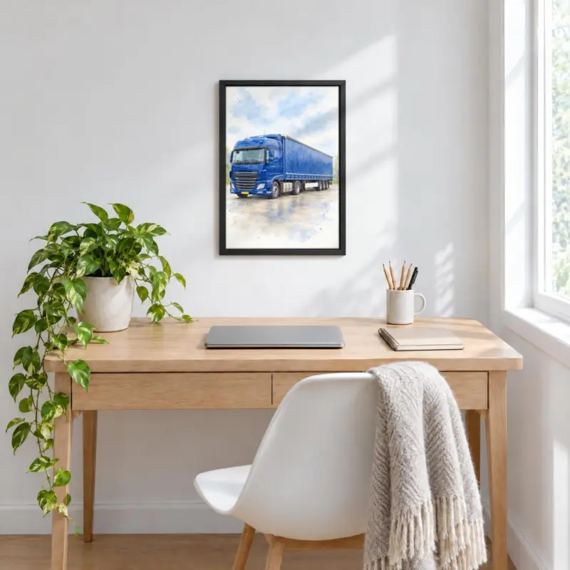 Vrachtwagenportret in aquarel op canvas in een zwarte baklijst, boven een bureau