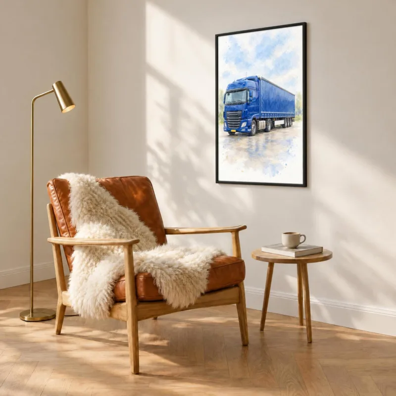 Vrachtwagenportret in aquarel in een zwarte lijst, boven een fauteuil