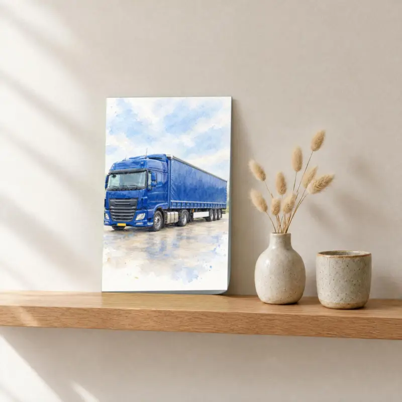 Vrachtwagenportret in aquarel als losse print, op een fotorichel