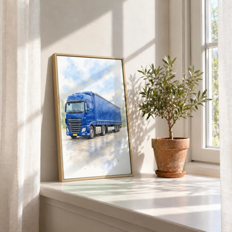 Vrachtwagenportret in aquarel op canvas in een houten baklijst, in de vensterbank