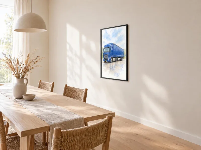 Vrachtwagenportret in aquarel in een zwarte lijst, bij de eettafel