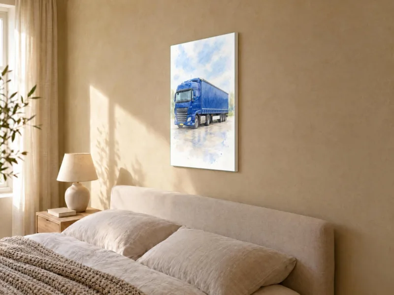 Vrachtwagenportret in aquarel op canvas, in de slaapkamer