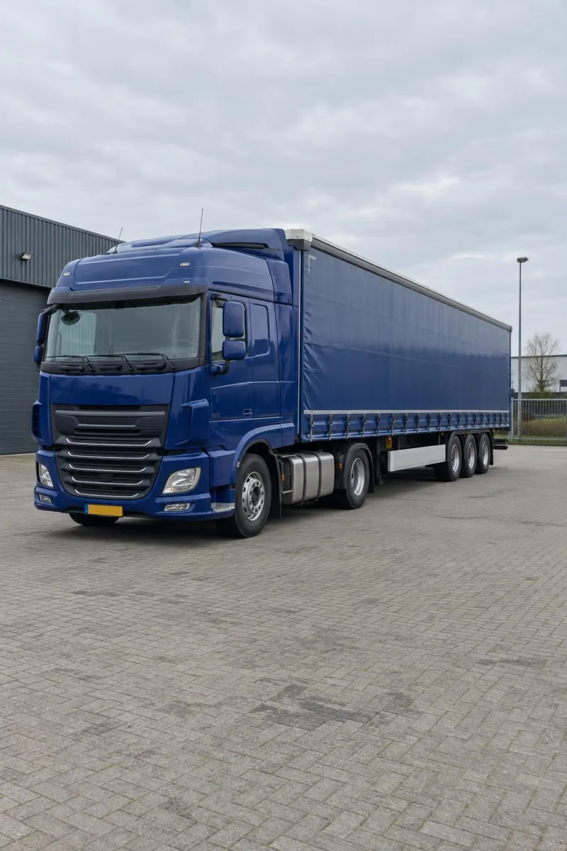 Foto van een blauwe vrachtwagen met oplegger