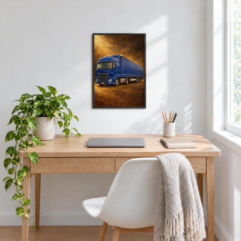 Vrachtwagenportret klassiek geschilderd in een zwarte lijst, boven een bureau