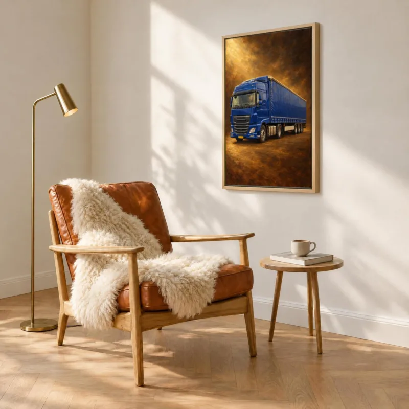 Vrachtwagenportret klassiek geschilderd op canvas in een houten baklijst, boven een fauteuil