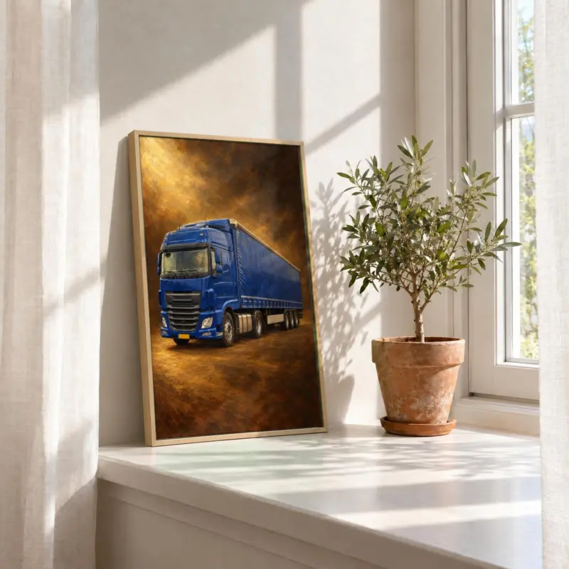 Vrachtwagenportret klassiek geschilderd op canvas in een houten baklijst, in de vensterbank