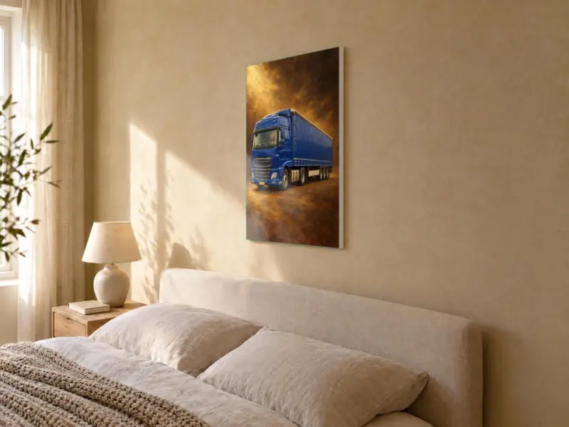 Vrachtwagenportret klassiek geschilderd op canvas, in de slaapkamer