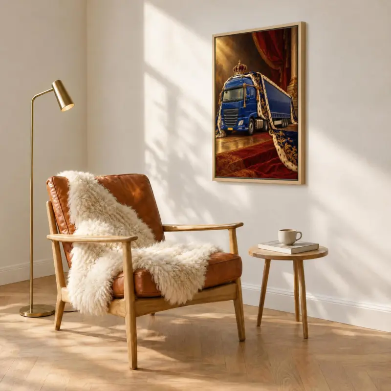 Vrachtwagenportret koninklijk geschilderd op canvas in een houten baklijst, boven een fauteuil