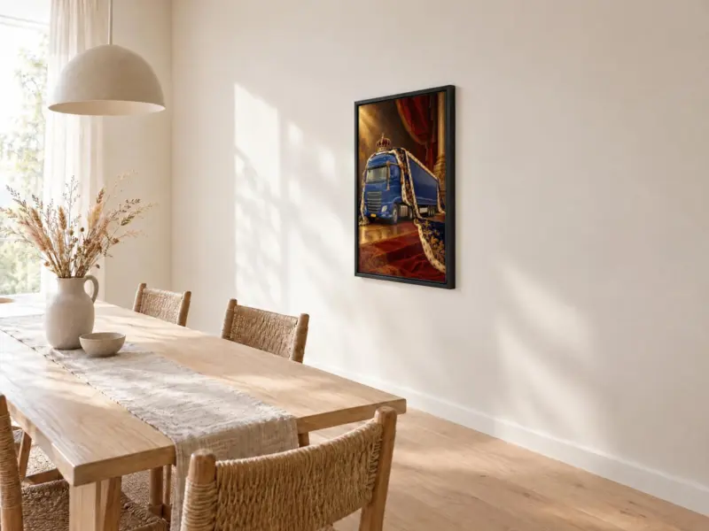 Vrachtwagenportret koninklijk geschilderd op canvas in een zwarte baklijst, bij de eettafel