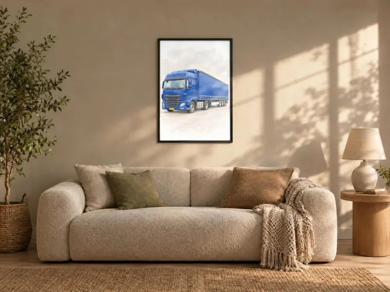 Vrachtwagenportret in pastel in een zwarte lijst, boven de bank