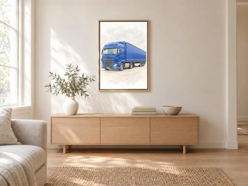 Vrachtwagenportret in pastel op canvas in een houten baklijst, boven een dressoir