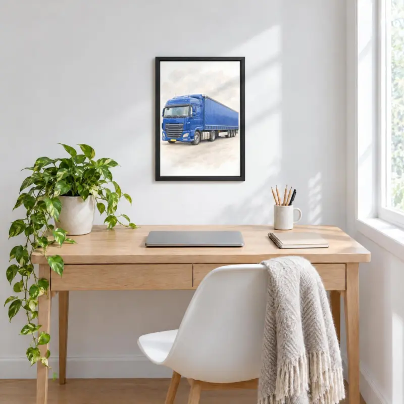 Vrachtwagenportret in pastel op canvas in een zwarte baklijst, boven een bureau