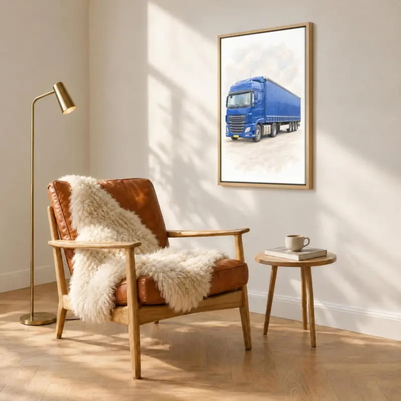 Vrachtwagenportret in pastel op canvas in een houten baklijst, boven een fauteuil