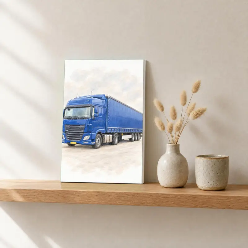 Vrachtwagenportret in pastel op canvas, op een fotorichel